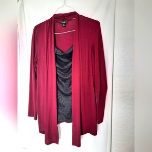 AGB Women Cowl Neck Burgundy Black Sequin Drapes Cardigan Top Long Sleeve Size M
